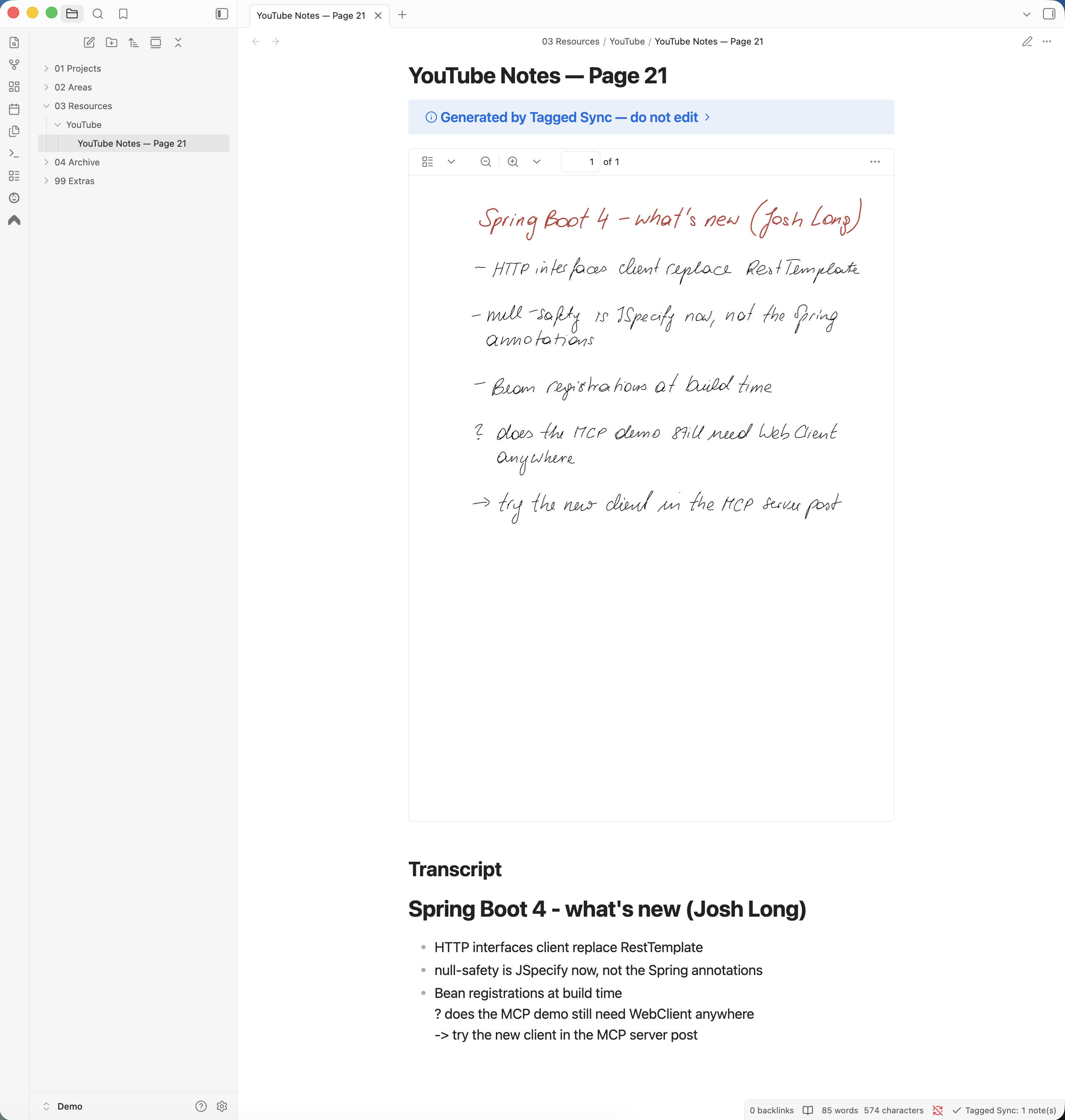 Page 21 of my YouTube notebook in Obsidian: my handwritten notes on a Spring Boot video rendered on top, the searchable transcript below them, filed under 03 Resources next to my other PARA folders