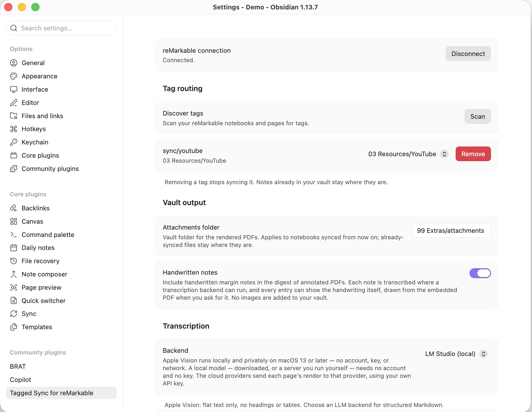 The plugin settings in Obsidian: the reMarkable connection, the tag sync/youtube mapped to the folder 03 Resources/YouTube, and the transcription backend set to a local LM Studio server