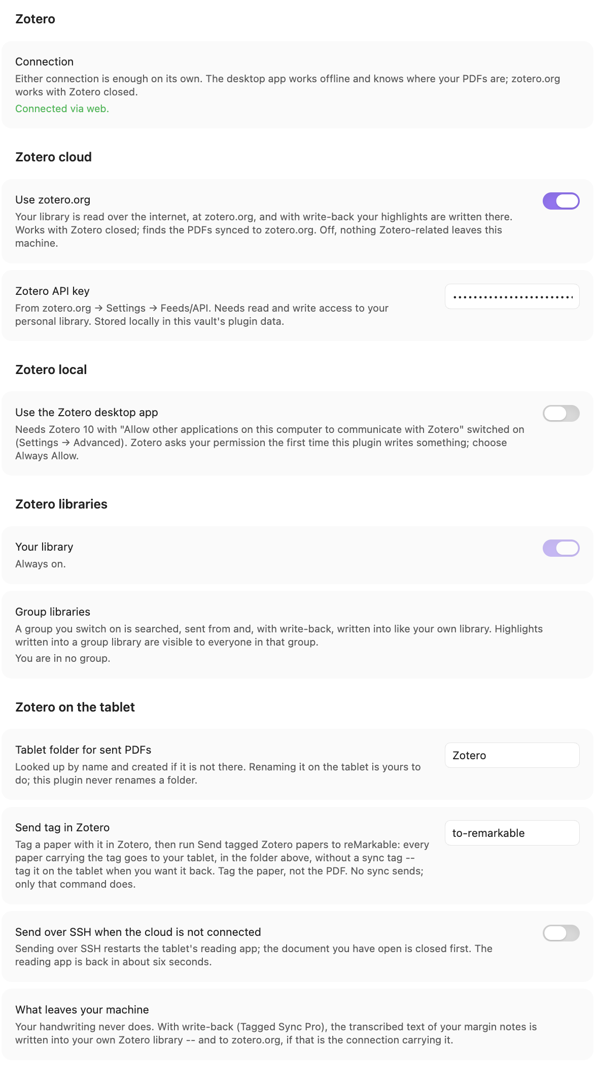 Tagged Sync settings: the Zotero section with an API key and the zotero.org switch on.
