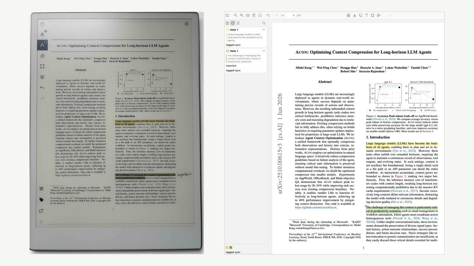A highlighted page on a reMarkable next to the same highlights as annotations in Zotero.
